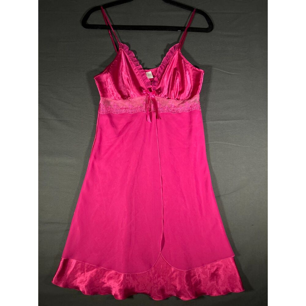 Bow Detailing Ruffle Trim Hot Pink Satin Lace Chemise Slip Dress Y2K Nightgown L
